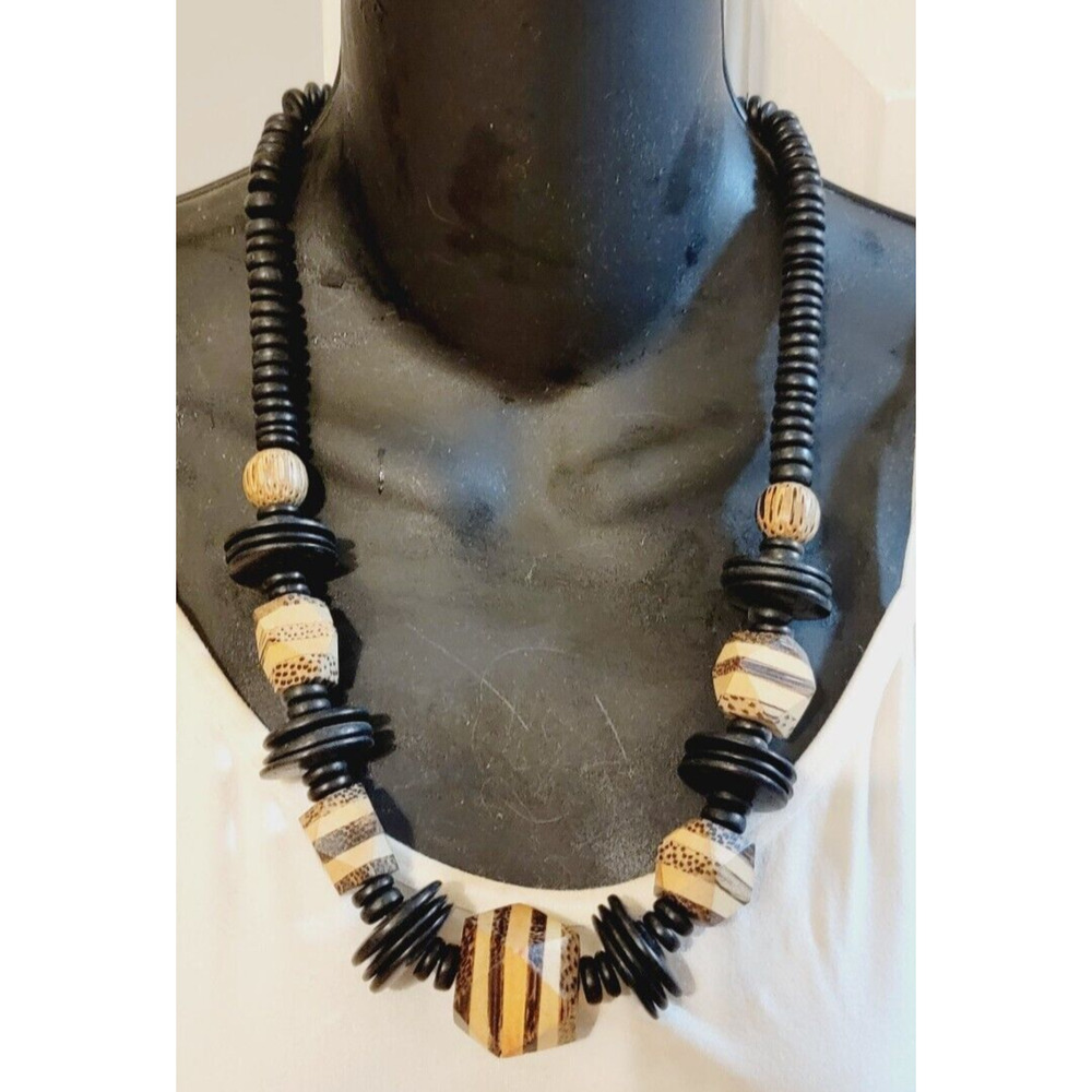 Vintage Tribal Beaded Necklace Wood, Boho, Black, Tan Chunky 22" Long bk01-19